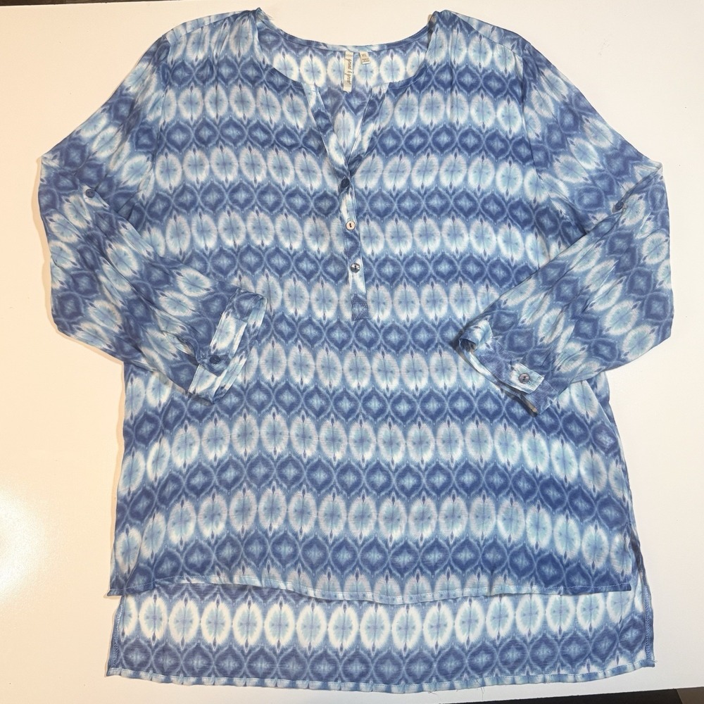 Grand & Greene Blue Ikat Geometric Tunic Blouse V-Neck Roll-Tab Sleeve XL